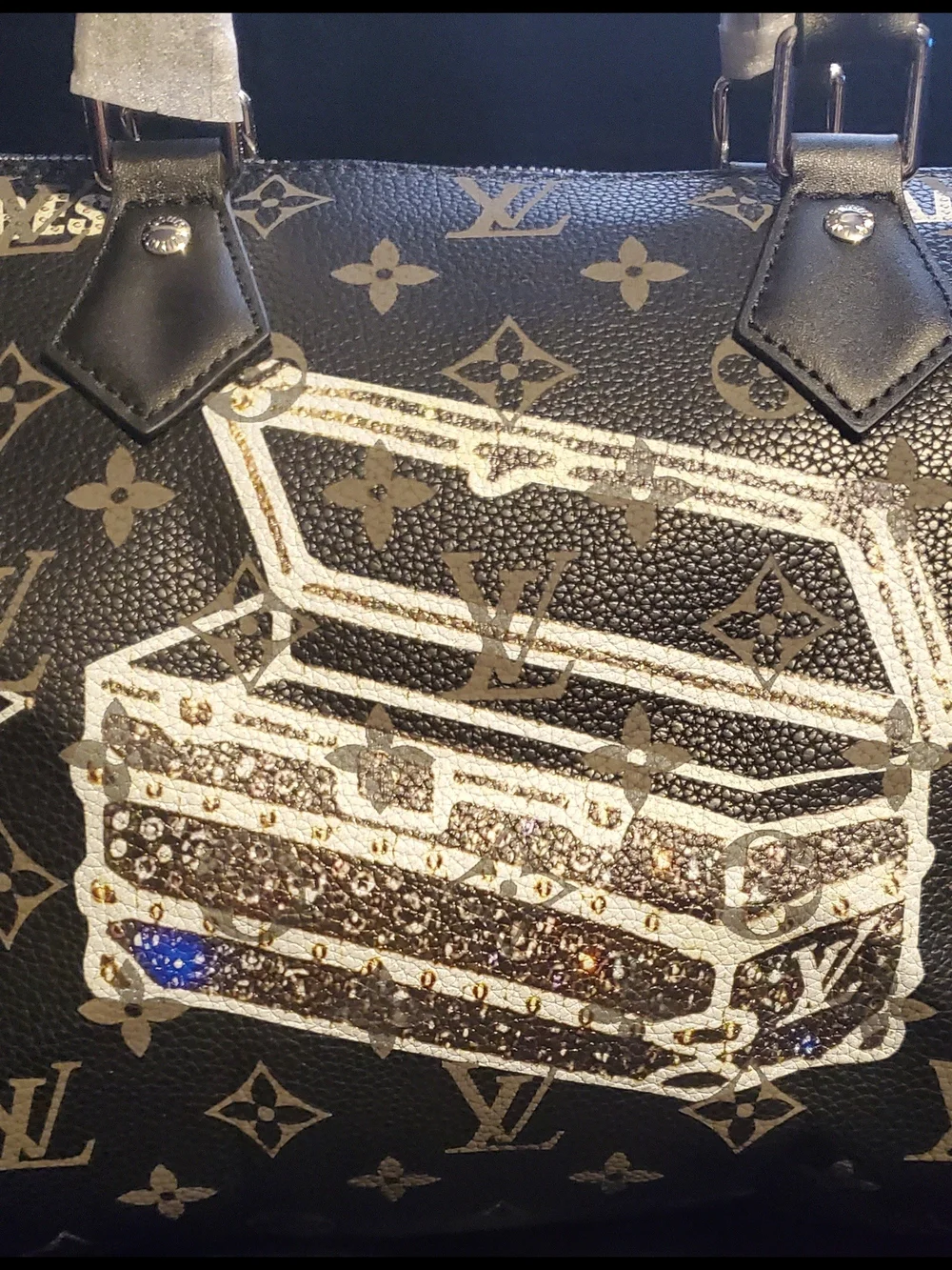 Monogram Print Black Satchel with Trunk Graphic and Chain Pouch